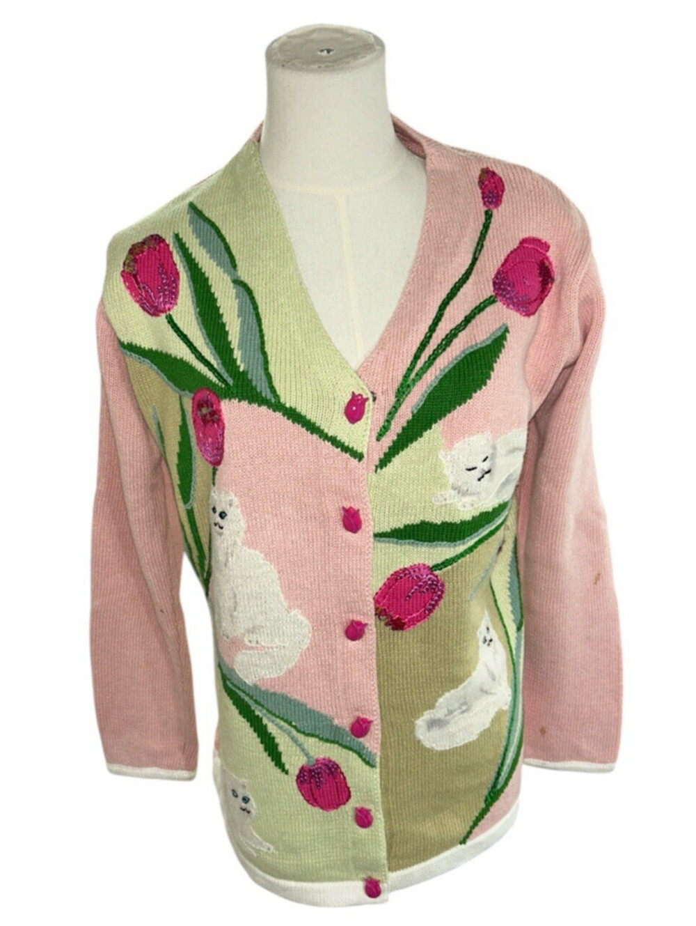 storybook knits sweater Small Cardigan Pink Cat Cats Flowers Floral